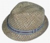 Wholesale (HFD4012) Natural Rush Straw Fedora with Striped Ribbon Band